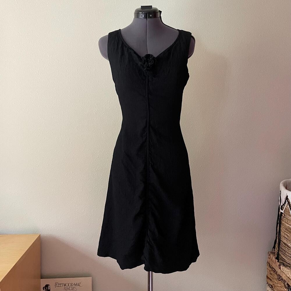 1960's Vintage Black Crepe Shift Dress Rosette Classic